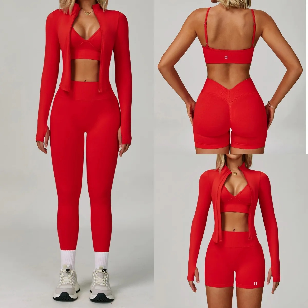 A1074 Stand-up Collar Zipper Long Sleeve Tight Waist Yoga Jacket Female Tight Waist Slimming Quick-drying Fitness Clothes Outdoor Running Three-p-image-1070295152