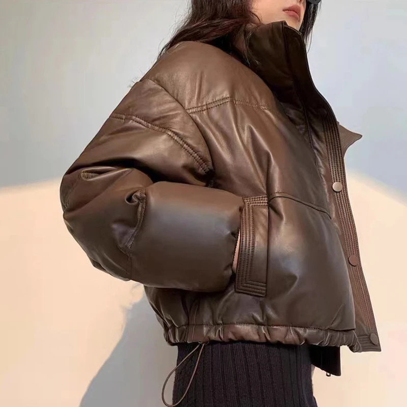 Women Leather Down Jacket Winter High End Genuine Sheepskin Down Coat Outdoor Thicked Warm Short Puffer Jacket Streetwear 250825