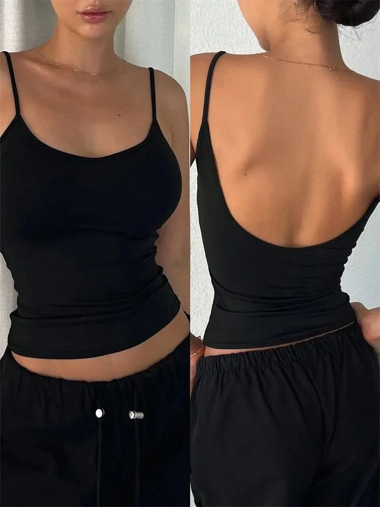 Women Backless Cami Crop Top Summer Solid Color Casual Sleeveless Top Streetwear Y2K Clothes 250825