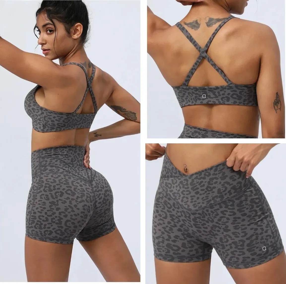 A130 Yoga Suit Leopard Print Suit Kink Cross Hip Running Fitness Suit Tight Sports Suit Female-image-1069815003