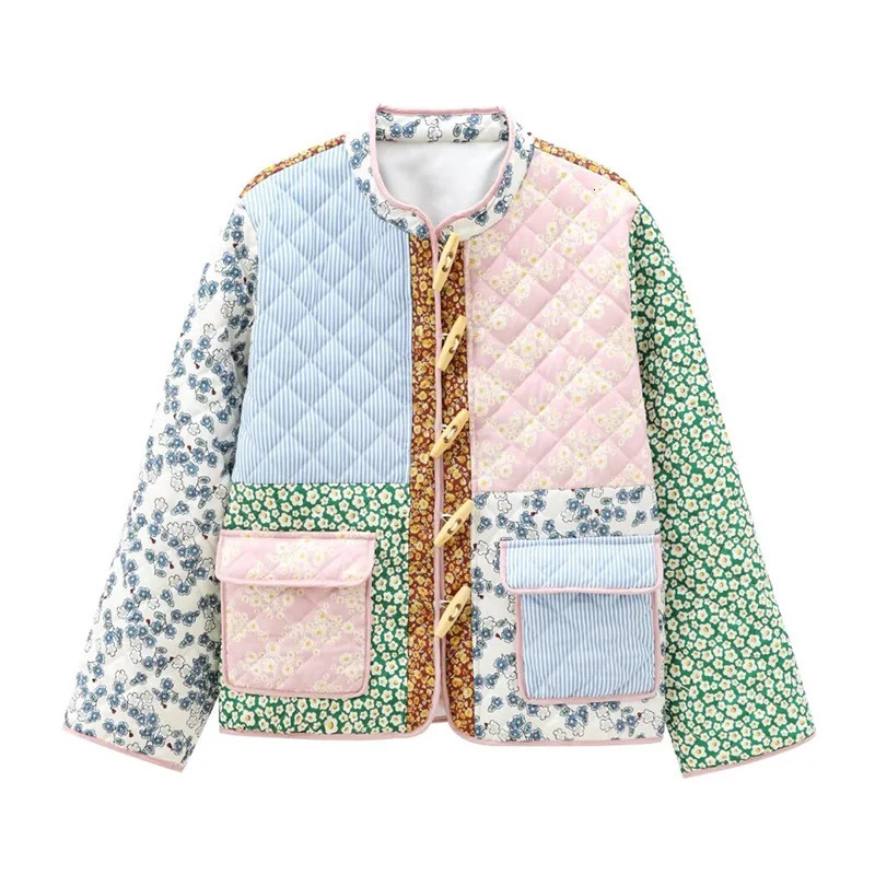 Vintage Cotton-padded Clothes Jacket Retro Floral Printing Patchwork Winter Warm Coat Casual Women Long Sleeves Lady Streetwear250825