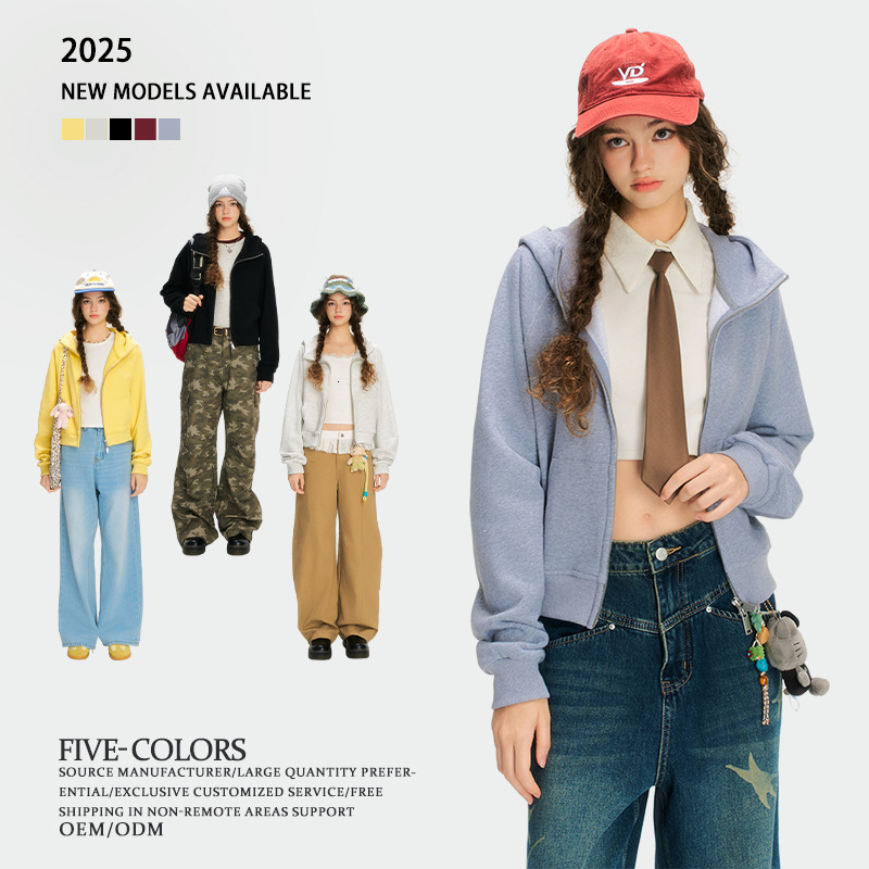 360g American Style Hooded Short Sweatshirt for Women, Spring and Autumn Solid t shirt Color Pure Cotton Zipper Sports Cardigan Top Jacket