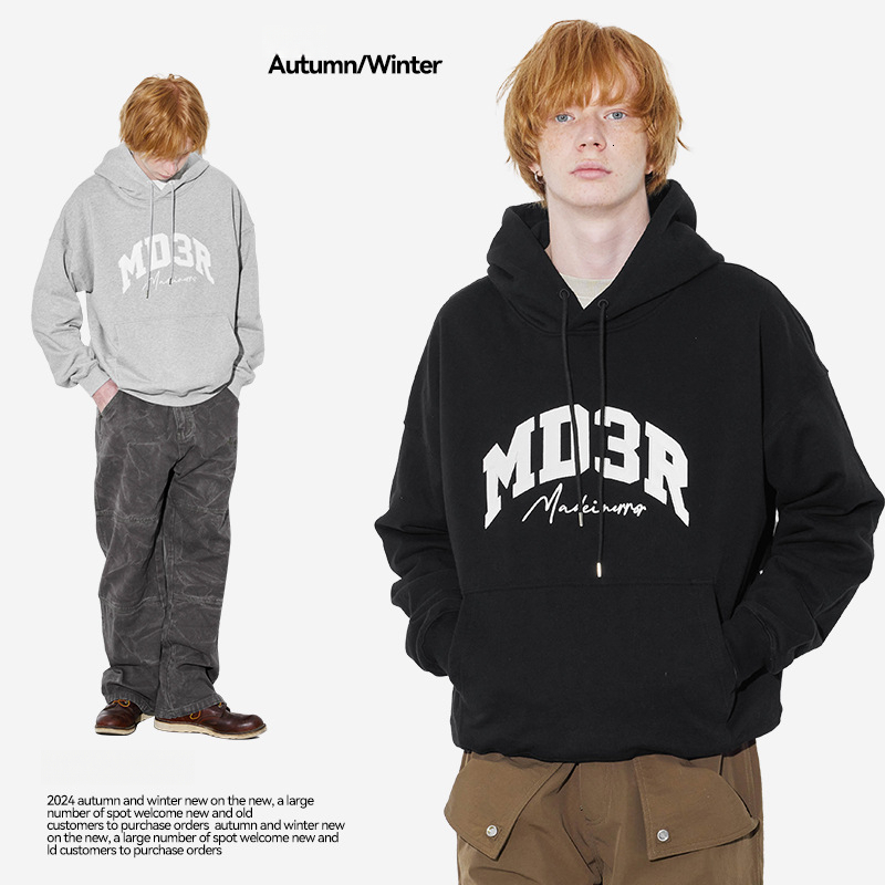 American Casual Satin Patch t shirt Letter Embroidery Basic Hoodie Unisex Autumn Winter New Style