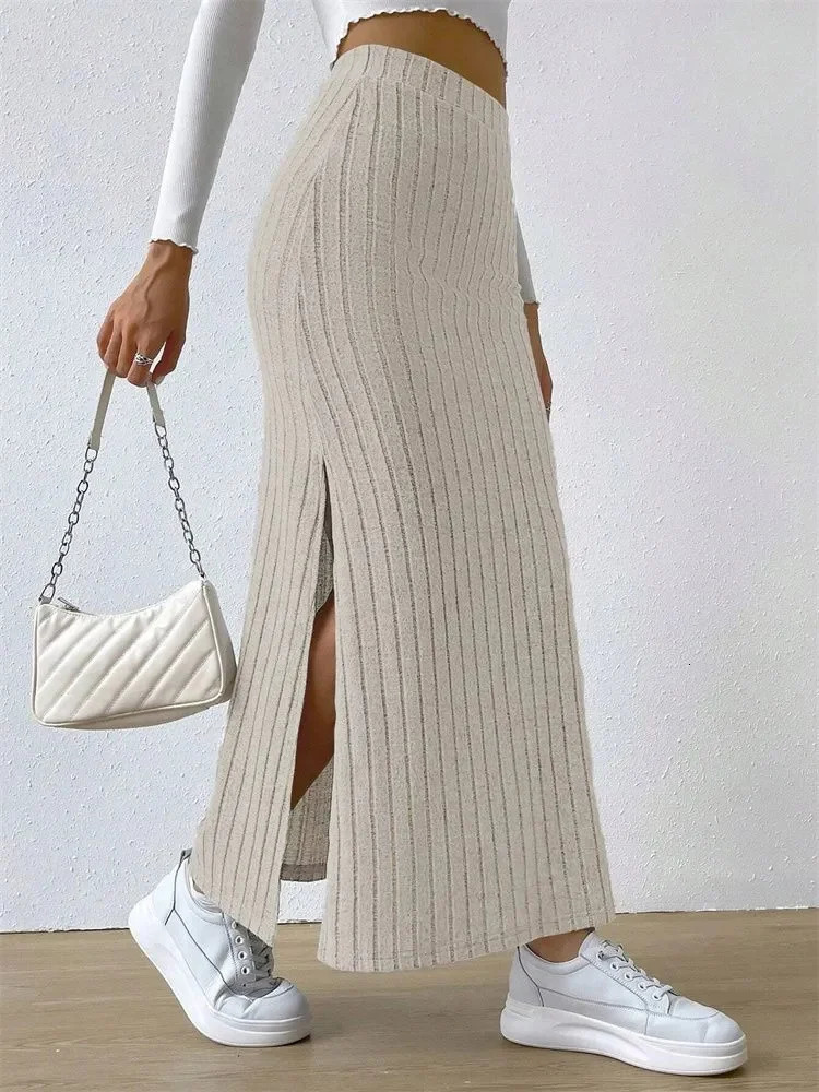 Women Ribknit Side Split Maxi Skirt Autumn Spring Casual Elegant High Waist Straight Skirt 250825