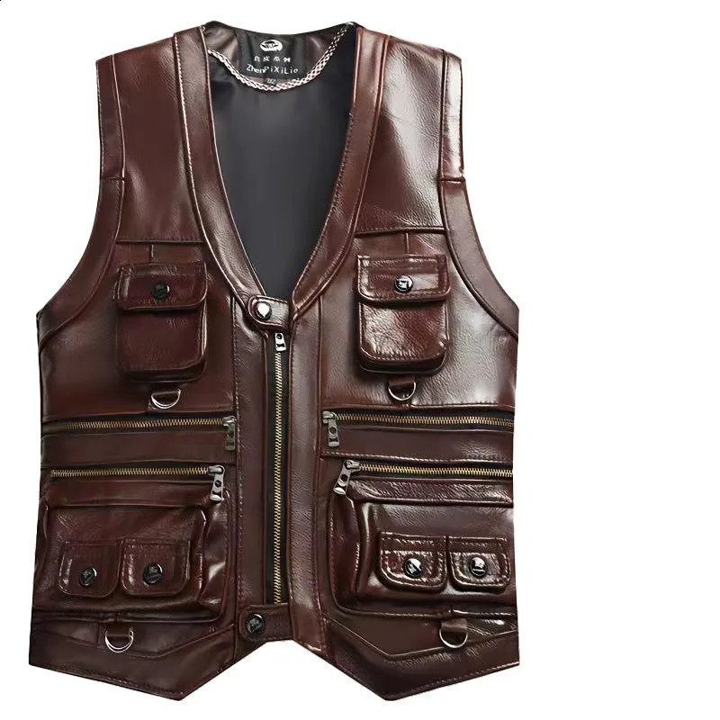 2025 Cowhide Genuine Leather Vest Men Waistcoat Male Sleeveless Jacket Thick Motorcycle Multi Pocket leather biker vest 250818