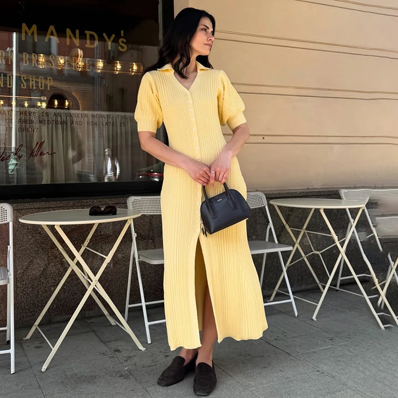Tornova Fashion Cardigan Long Knitted Dress For Women Puff Sleeve Retro Sweater Summer Sexy Vacation 250825
