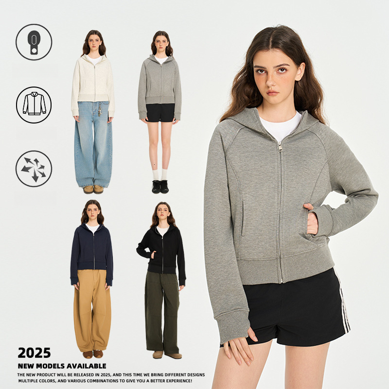 420g American t shirt Style Hooded Cardigan Sweatshirt Spring Autumn Women Trendy Brand Solid Color Slim Fit Gray Short Jacket