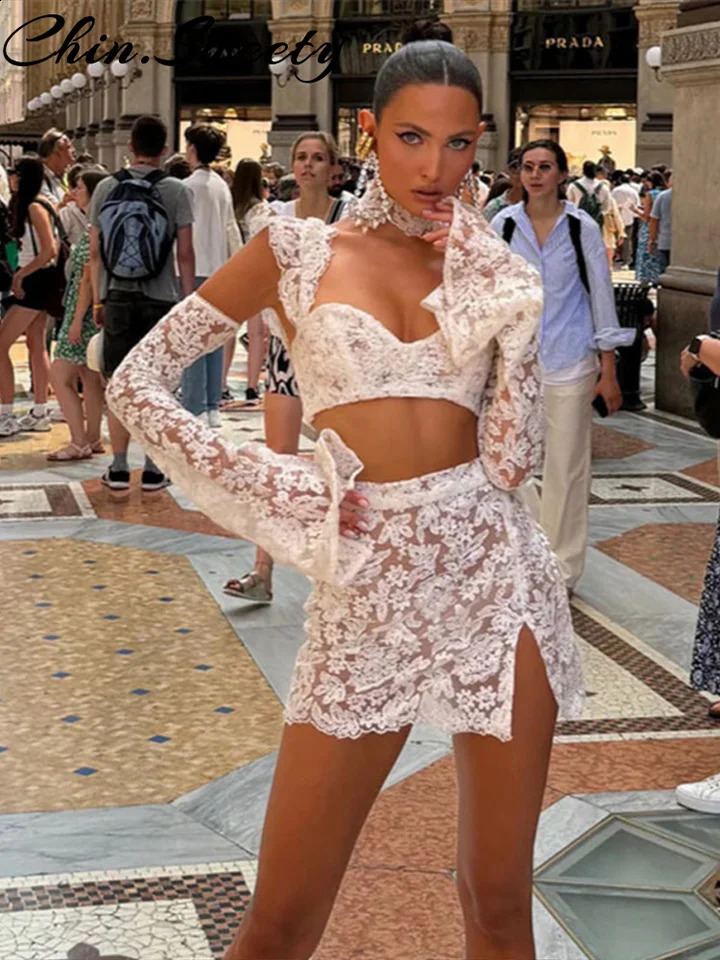 Beach Lace Skirt Set Women Sexy Hollow Out Square Collar Ribbon Crop Top Aline Split 2025 Spring Summer Lady Suit 250823