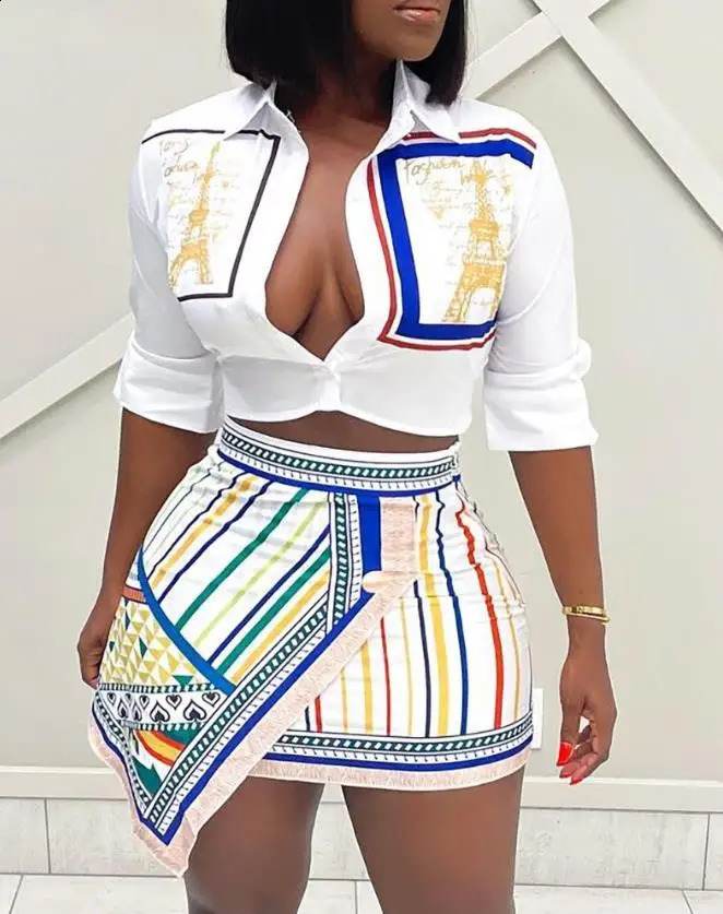Two Piece Set Women Outfit 2024 Summer Fashion Graphic Print Buttoned TurnDown Collar Shirt Striped Asymmetrical Skirt 250823