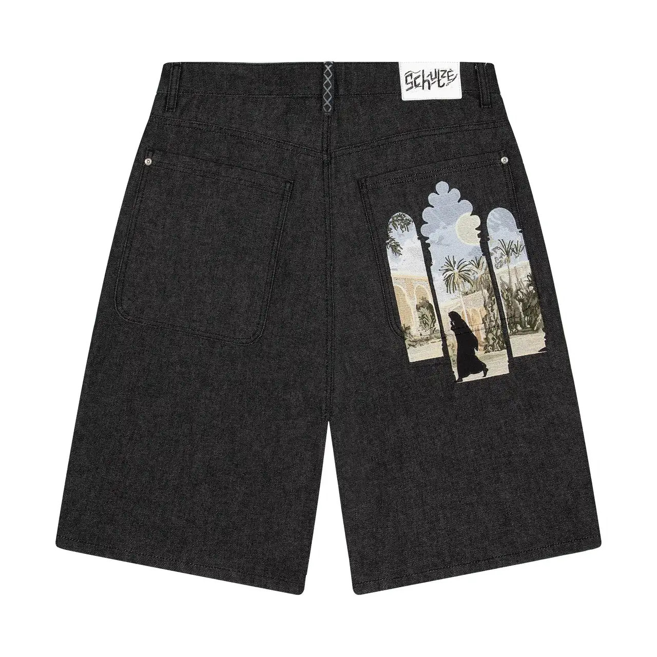 American Retro Denim Shorts Y2K Jeans Mens Hip Hop Retro Pocket Embroidery Black Baggy Shorts Low Waist Over The Knee Pants 250825