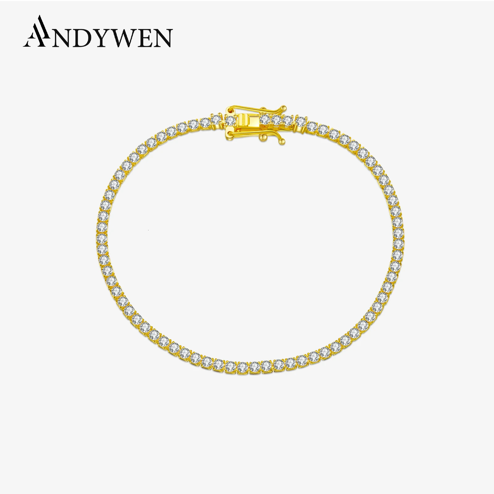 ANDYWEN 925 Sterling Silver Gold 2mm Round Cut Tennis Bracelet Zircon CZ Bangle Claps Women Chain Crystal Wedding Fine Jewelry 250818