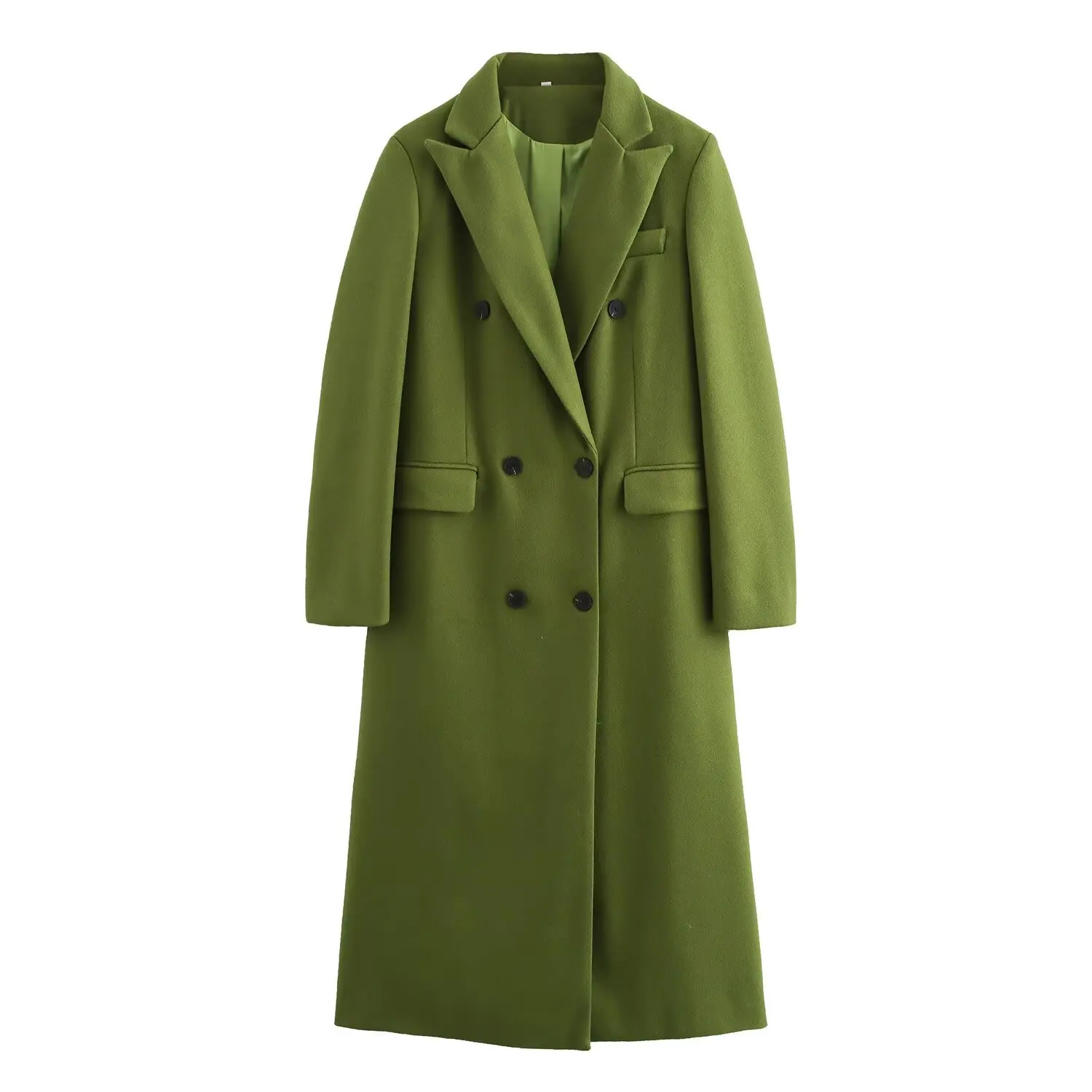 UNIZERA Womens Long Coat Green Long Sleeve Double breasted Flip up Pocket Autumn Woolen Coat 250825BJ