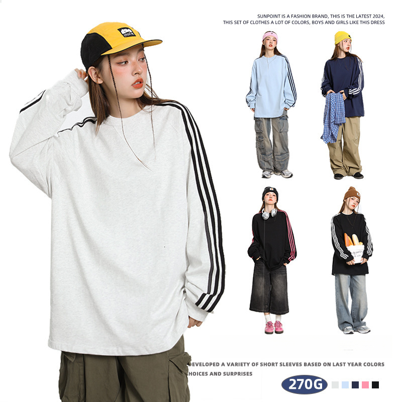 American t shirt Style Three-Stripe Crew Neck Long Sleeve Sweatshirt Unisex 2025 Spring Trend Loose Casual Couple Top