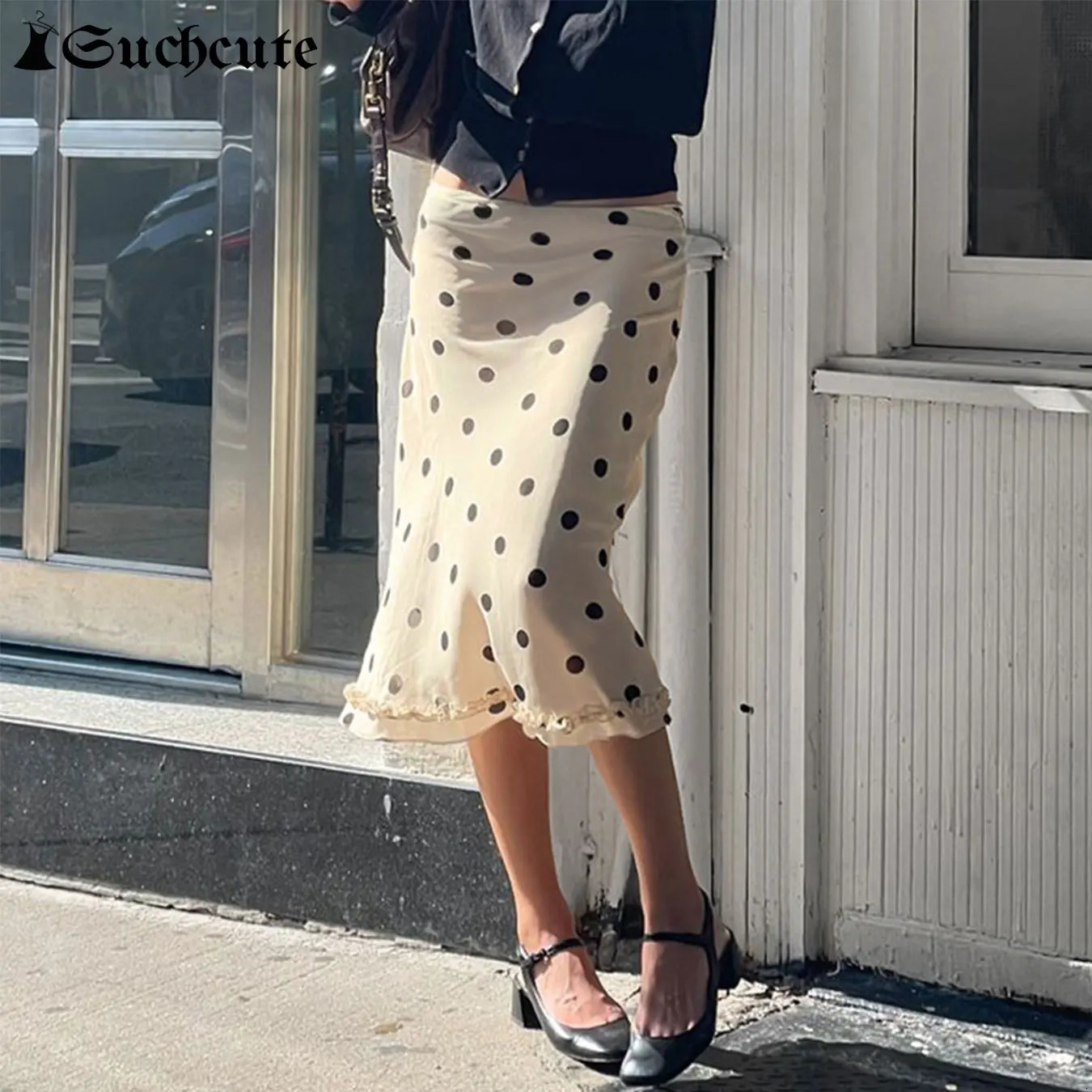 SUCHCUTE Fashion Dot Print MidiLength Skirt Women Elegant Ruched Edge Hem Straight Skirts Summer Casual Office Ladies Outfits 250825