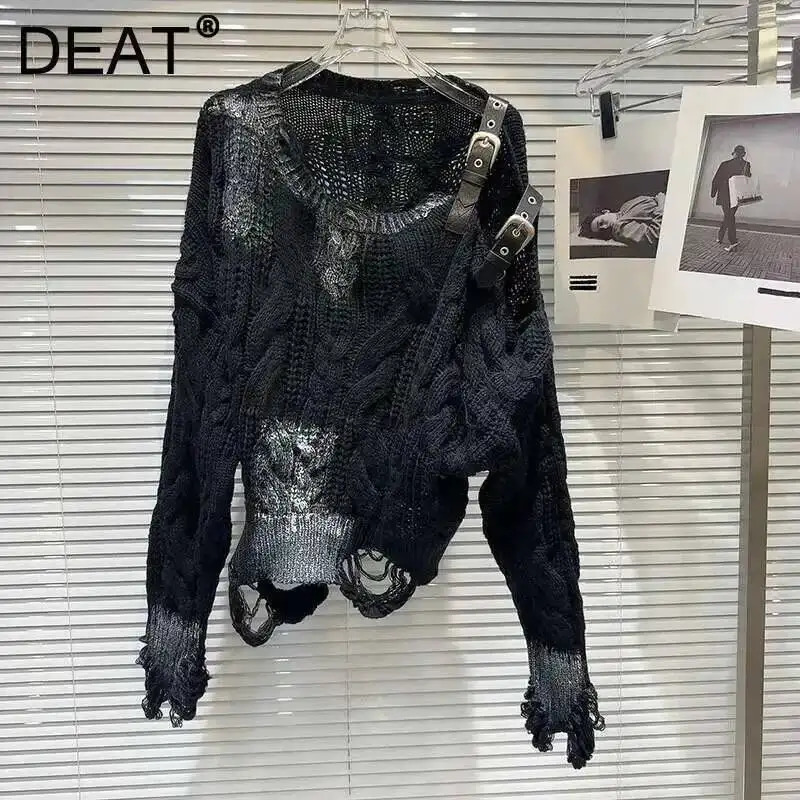 DEAT Fashion Womens Metal Buckle Shoulder Strap Sweater Loose Casual Hole n Pullovers Female Autumn Item 11A0891 250825