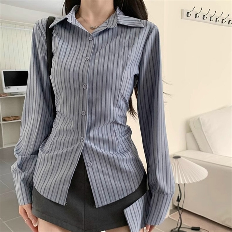 Korean Blue Striped Long Sleeve Shirt Jacket Womens Spring n Waist Cinching Slimming Top Women Clothing w250823