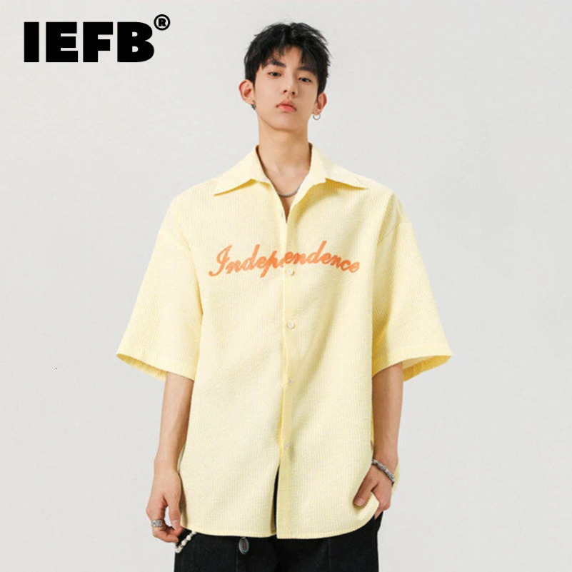 IEFB Mens Shirts Short Sleeve Summer Stripe Letter Printed Lapel Singel Breasted Korean Style Male Tees 9W2073 250823
