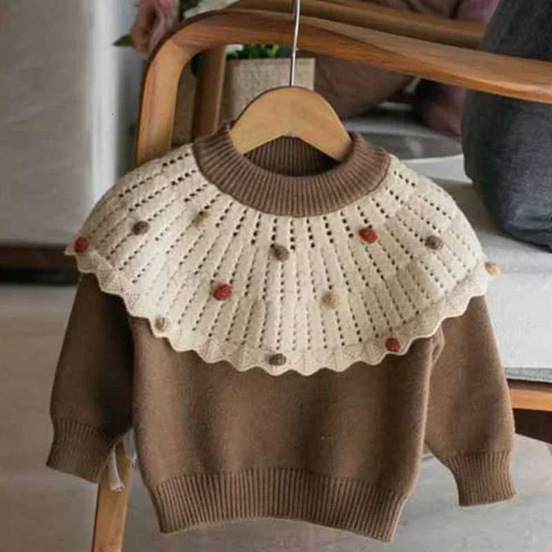 Autumn Winter Baby Girls Knitting Pullover Tops Handmade Wool Ball Splicing Kids Knitting Clothing Baby Girls Pullover Sweater M250825