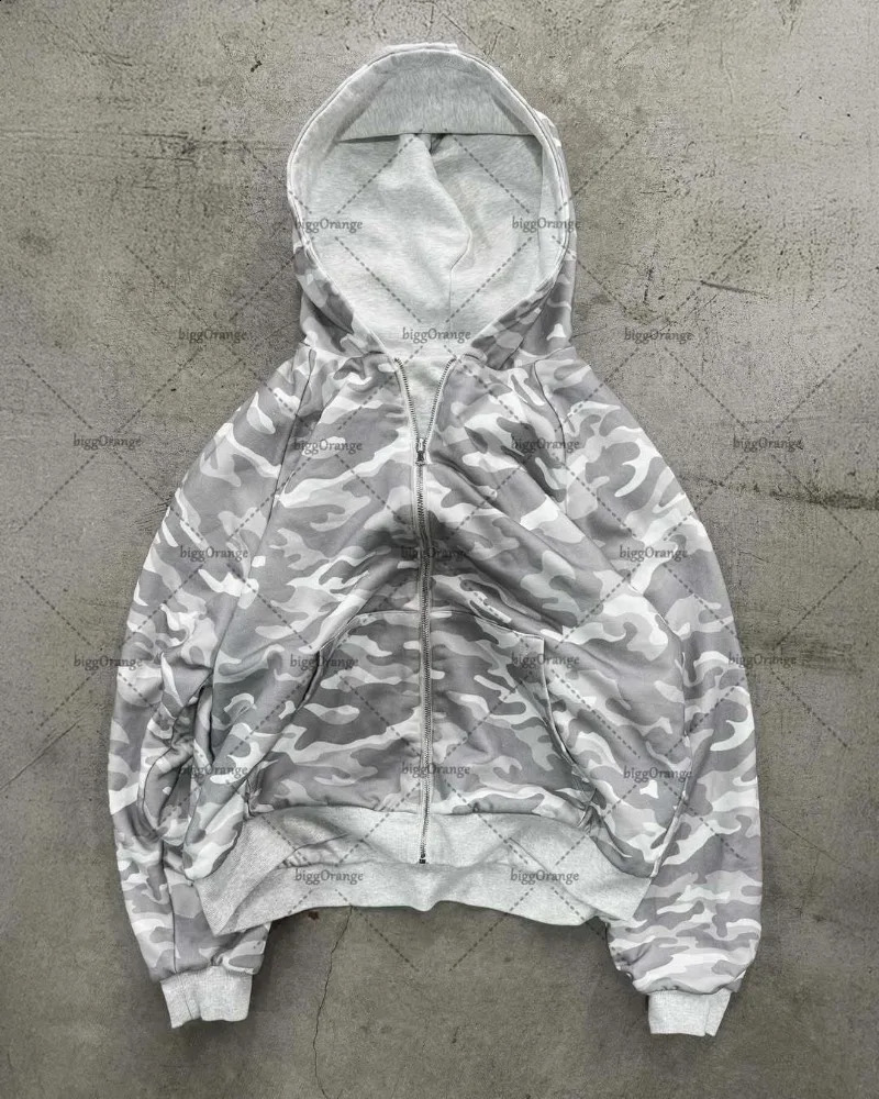 Trendy Harajuku Camouflage Retro High Street Y2K Loose Zipper Sweatshirt Men Hip Hop Casual American Oversized Hoodie Women 250819