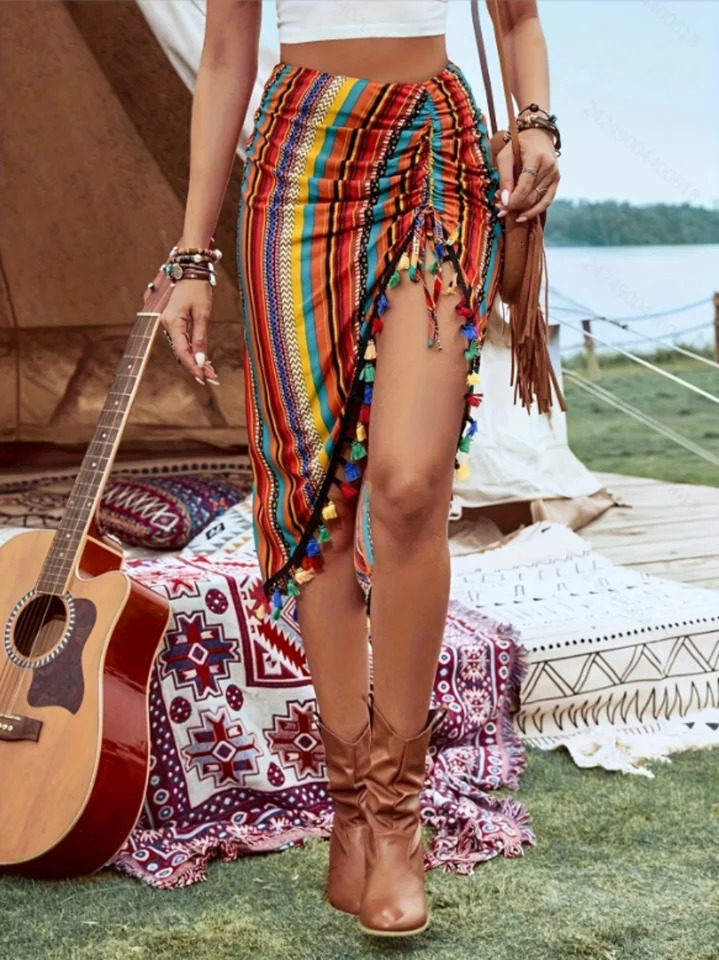 The Summer Music Festival Womens Pleated Skirt Features Color Blocks Stripes And Asymmetrical Ruffled Decorations 250825