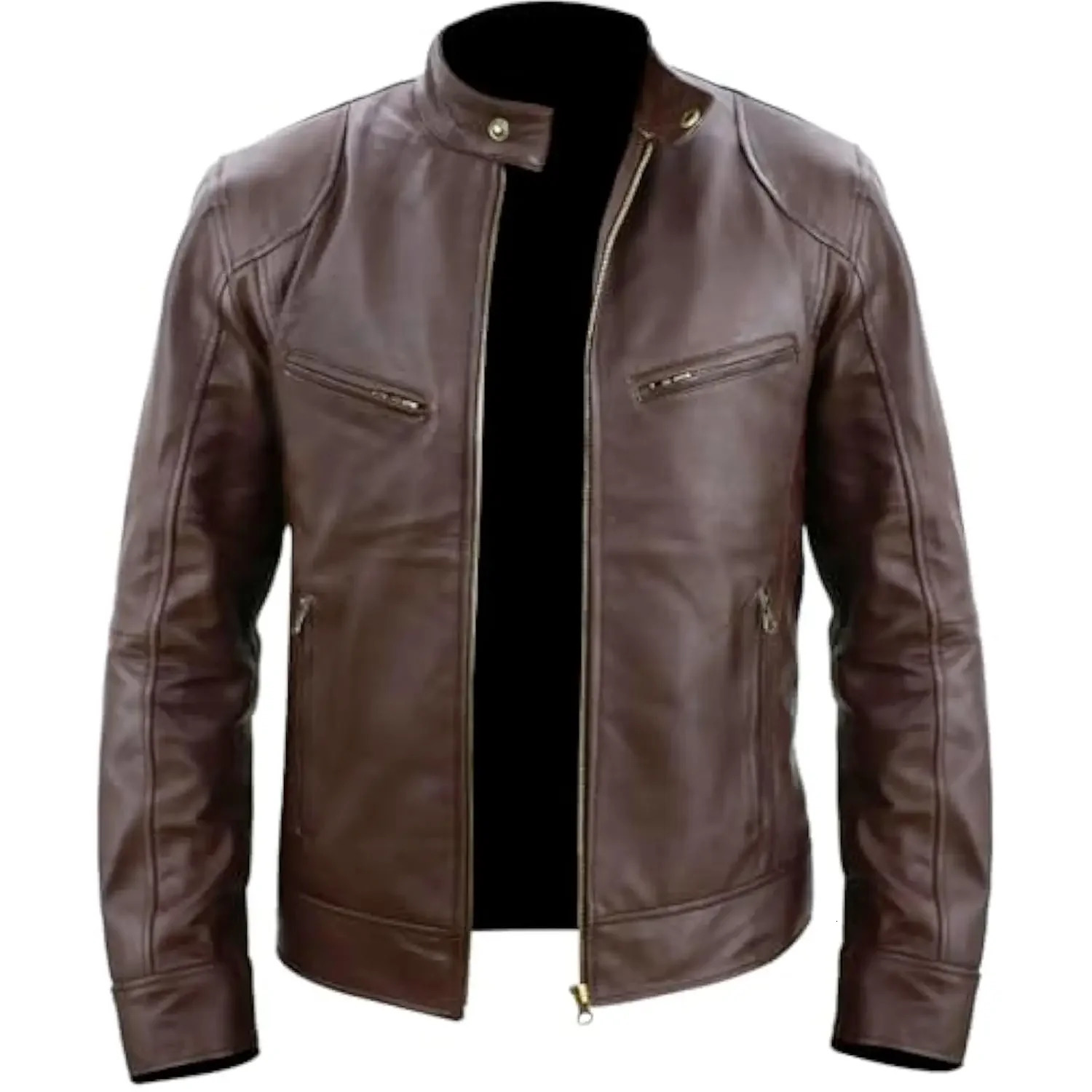 Male Leather Jacket Cafe Racer Slim Fit Retro Faux Leather Mens Jackets Fashion Motorcycle Leather Coat Mens Clothing 250825