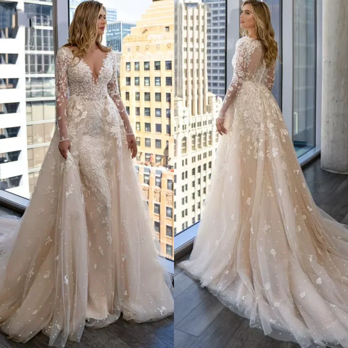 Classic Mermaid Wedding Dress V Neck Long Sleeves Bridal Gowns Lace Appliques Detachable Train Dresses Custom Made vestidos de novia