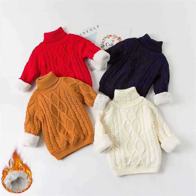 Winter Padded Sweater Children Thickened Jumper Girls Boys Plush Knitted Pullover Baby Turtleneck Kids Casual Loose Clothing T250825