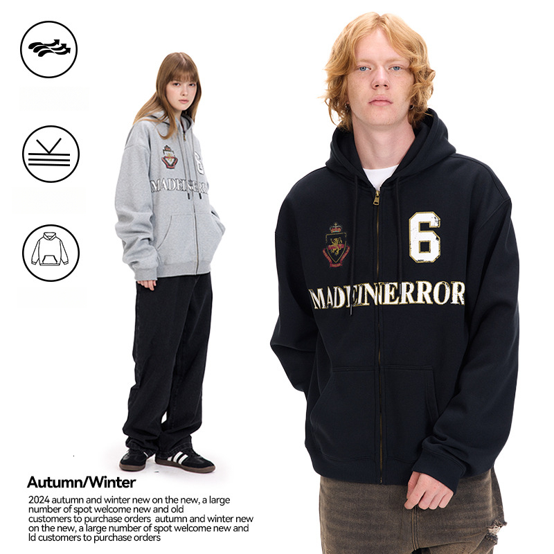 American t shirt Style Sports Vintage Print Hooded Zipper Cardigan Sweatshirt Fleece Lined Thickened Autumn Winter New Men Women