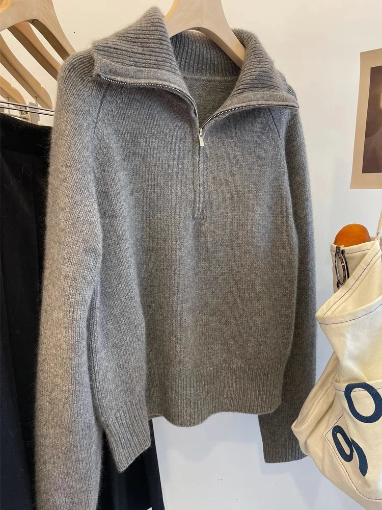 Grey Half Zipper Pullover Sweater for Women Autumn Korean Style Long Sleeve Loose Casual Knitted Tops Female Clothing 250825
