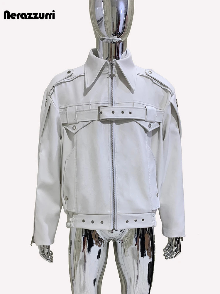 Nerazzurri Spring Autumn Cool Handsome White Pu Leather Jacket Men Turndown Collar Zipper European Clothes 250825
