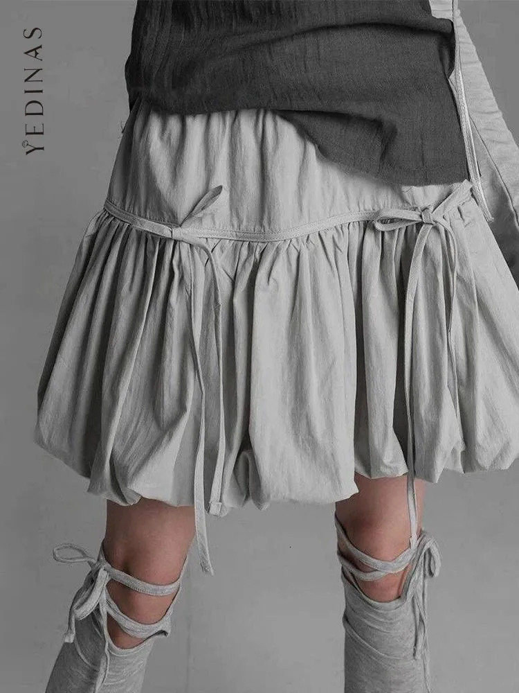 Yedinas Gothic Ball Gown Mini Skirt Women Summer Bow Korean Fashion Elastic Waist Pleated Short Skirt For Women Y2k Chic 250825
