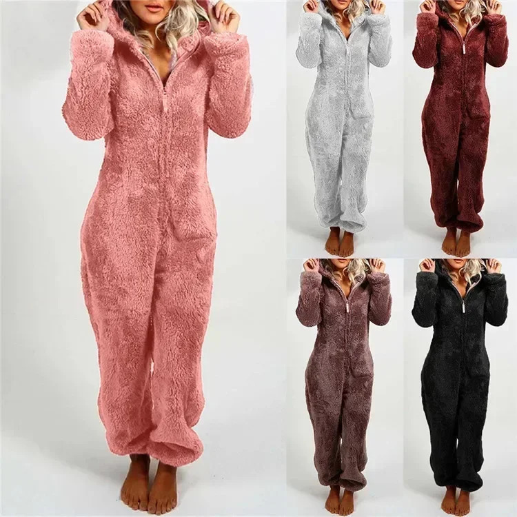 Autumn Winter Womens Wear Fleecelined Thick Furry Jumpsuit Hooded Pants Home Jumpsuits Overall 250825
