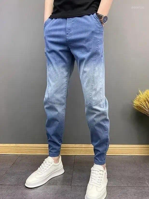 Men's Jeans Slim Fit Trendy Adient Waed Casual Small Straight Leg Haome Boy Blue Youth Ular Autumn Season