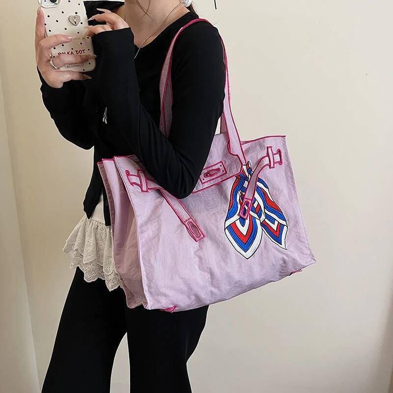 Japanese Style Embroidered Cloth For Women 2025 Summer New Large-Capacity Tote Bag Casual Work Clothing Personalized Single