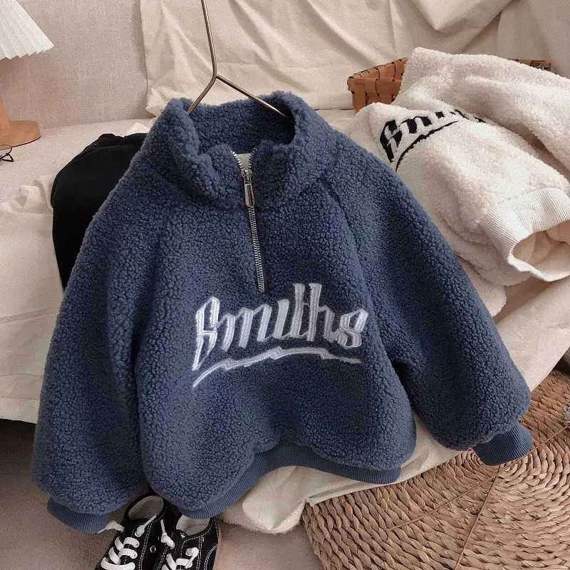 Childrens Sweater Autumn and Winter Boys New Embroidered High Collar Lamb Wool Sweater Coat Girls Baby Thickened Warm Top T250825