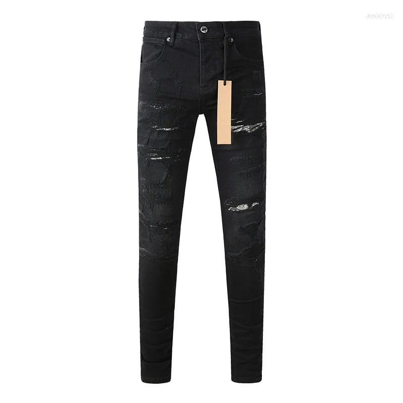 Men's Jeans High Street Distressed Black Stretch Skinny Quality Patchwork Button Ripped Pants