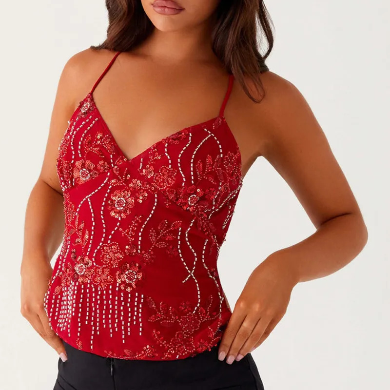 Summer Women Y2k Sequin Halter Crop Tops Pearl Embellished Cami Tops Summer Glitter V Neck Rhinestone Camisole Tank Shirt 250825