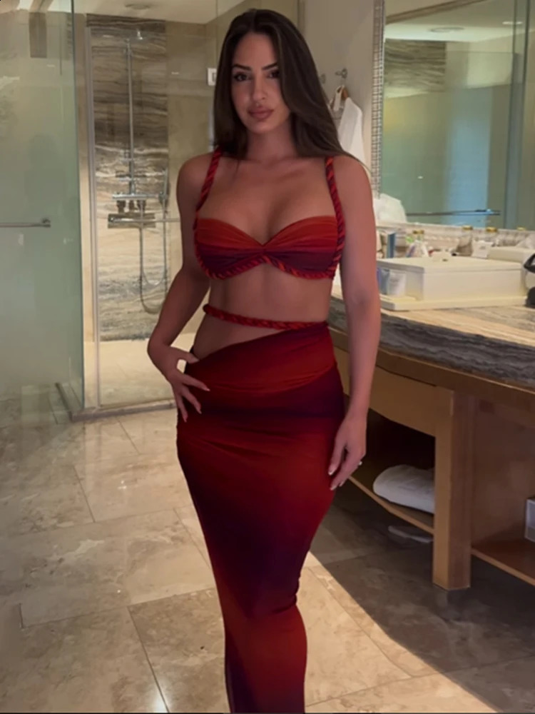 Weird Puss Square Collar 2 Piece Set Women BrSkinny Long Skirts 2025 Summer Bandage Ruched Vacation Beach Party Trend Suits 250823