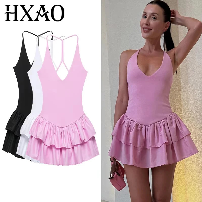 Womens Dresses Halter Pink Mini Chic v Neck Layer Ruffles Hem Dress A Line Vestido Summer Ladies Street Party Wear 250825
