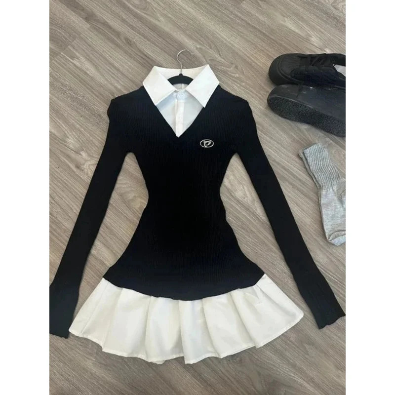 American Vintage Shirt Long Sleeve Mini Dresses Women Clothing Slim Fit Polo Neck Black Short Party Dress Korean Fashion Autumn 250825