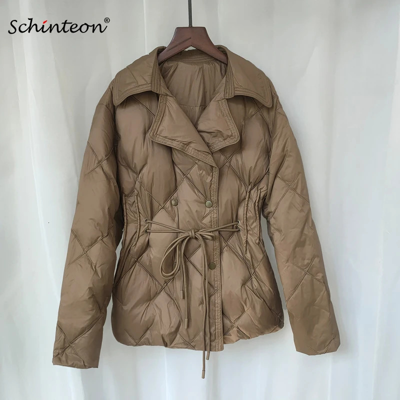 Schinteon Women White Duck Down Double Breasted Jacket Argyle Autumn Winter Outwear Office Lady Turndown Collar Slim Coat 250825