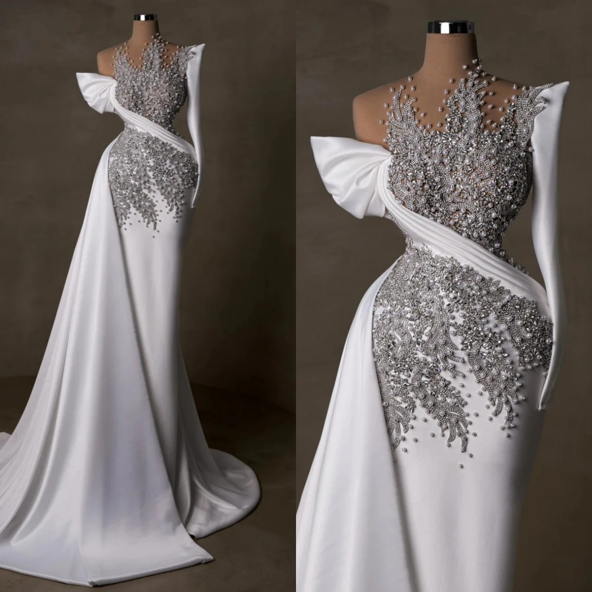 Graceful Mermaid Wedding Dresses Pearls Crystal Bridal Gowns with Overskirts Rhinestone Custom Made Bride Dresses Vestidos De Novia Plus Size