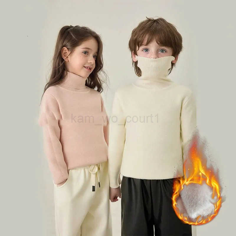 Autumn Winter Children Girls Sweater Loose Thick Fleece Warm Kids Girls Pullovers Solid Turtleneck Young Teenager Boy Knitwear M250825