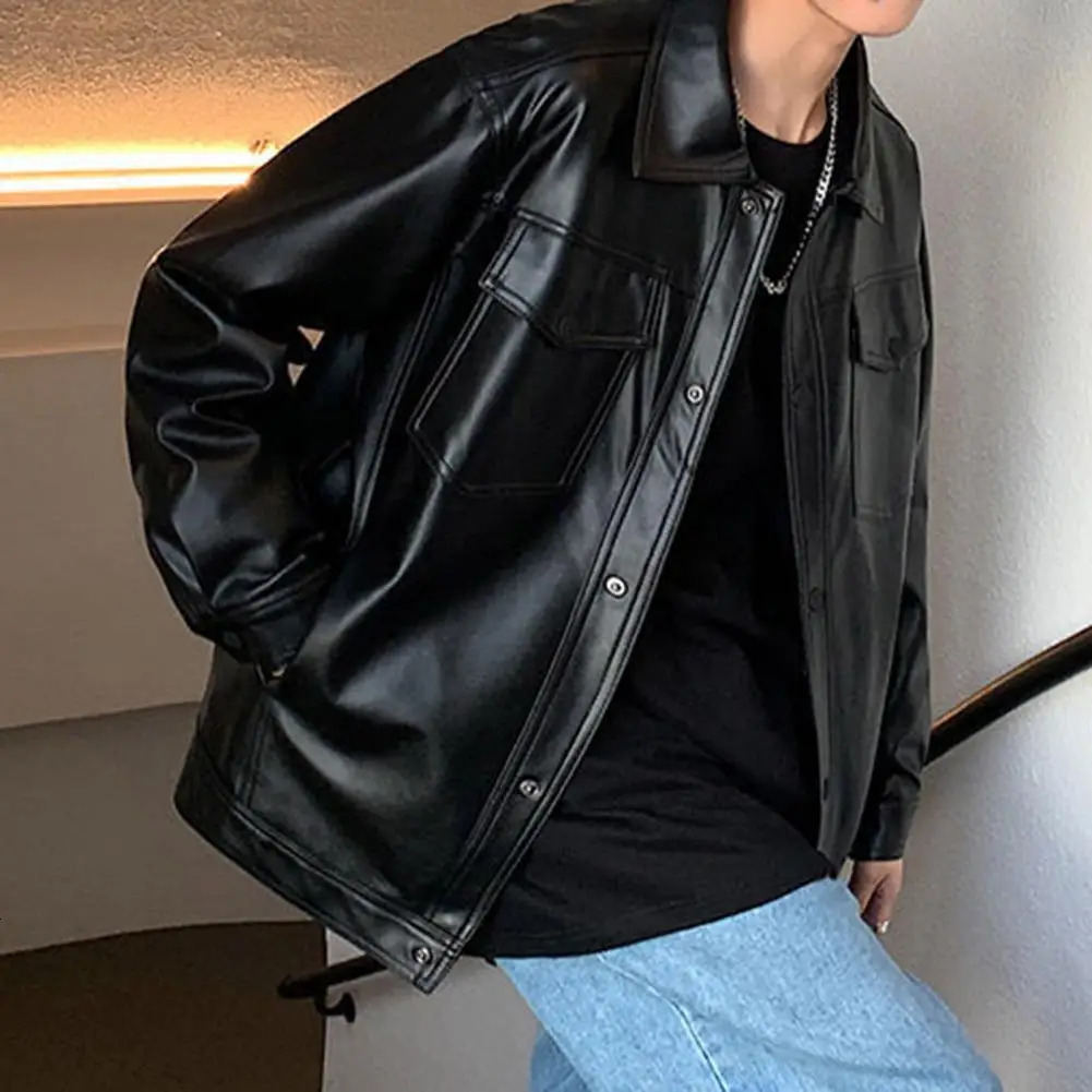 Faux Leather Men Jacket Motorcycle PU Jacket Turndown Collar Men Retro Leather Jacket Long Sleeves Black Male Casual Coat 250825