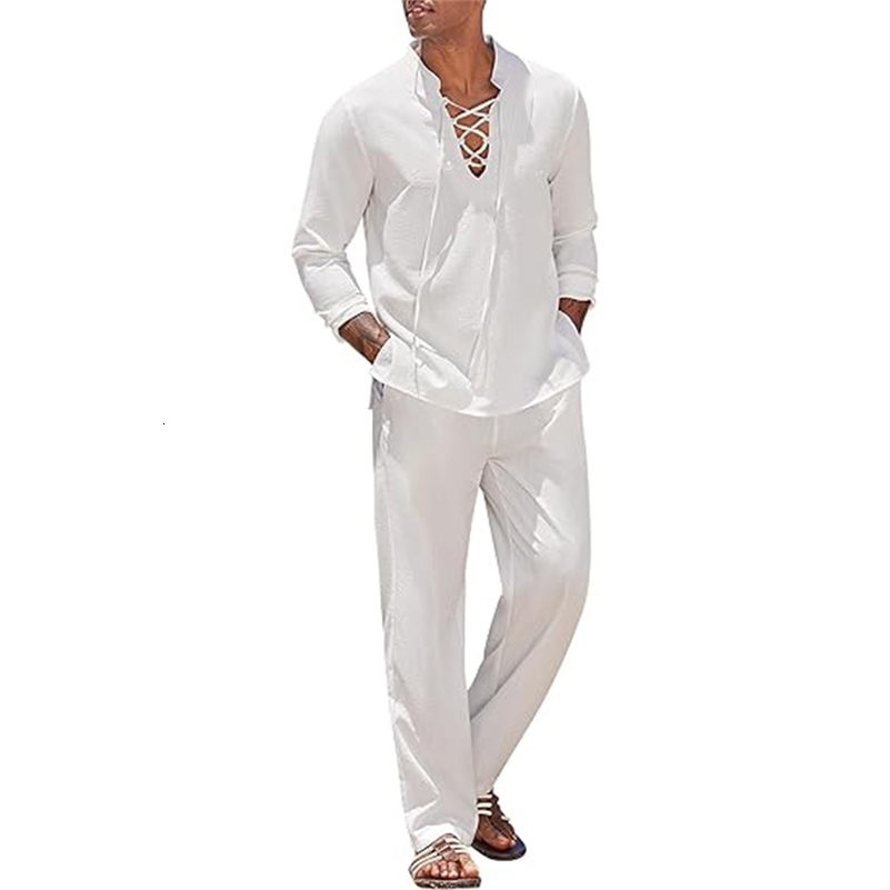 2pcs Set Mens Cotton Linen Shirt and Pants Suits for Men Beach Wear Tracksuit Solid Color Shirts Sweatpants Hawaiian Vacation250823ww