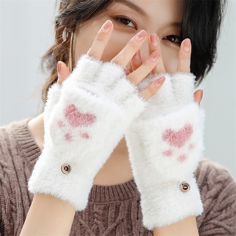 Thicken Women Warm Cat Gloves Fashion Girls Claw Paw Plush Mittens Soft Short Fingerless Half Finger Winter y250811