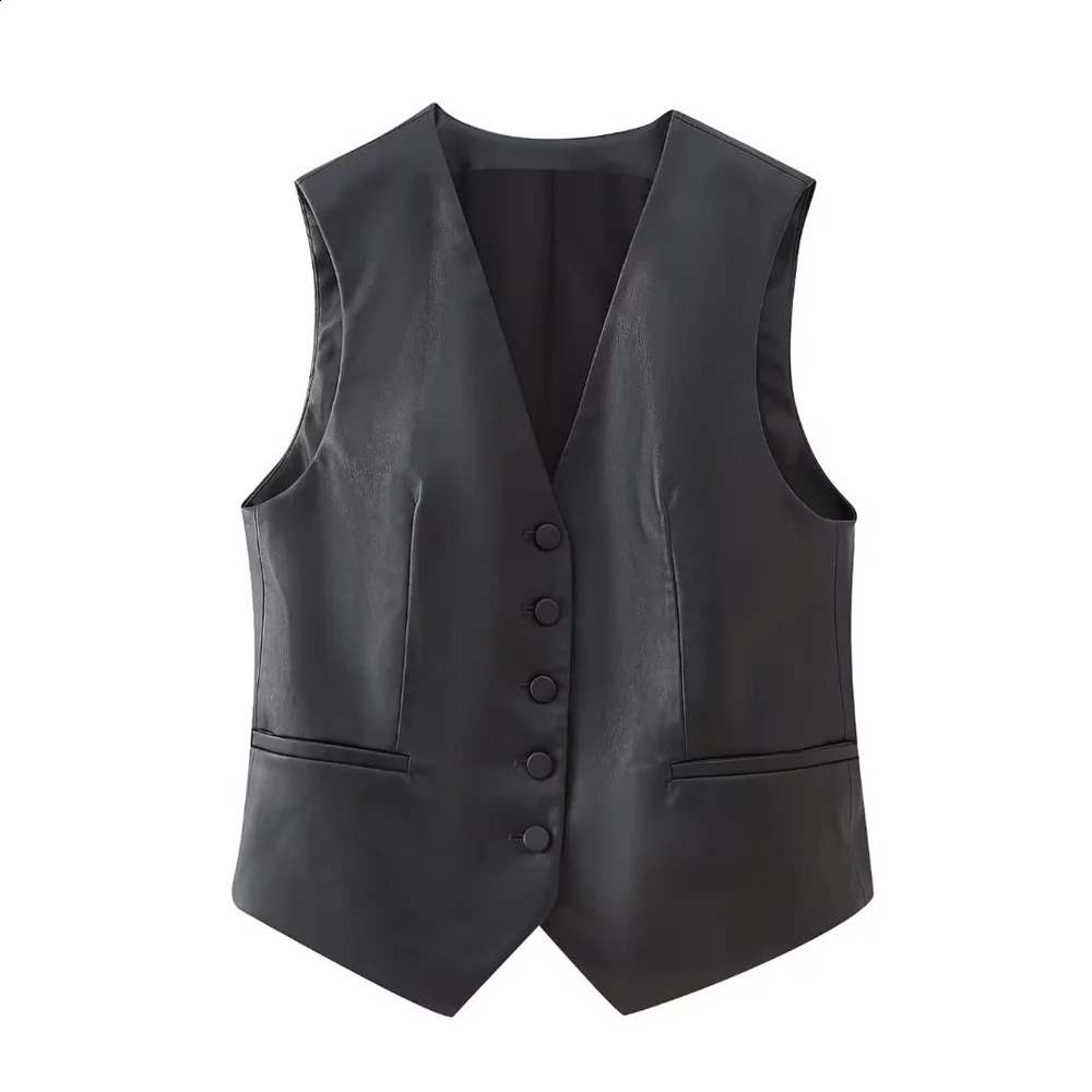 UNIZERA2023 Autumn and Winter Womens Casual Versatile Vneck Button Leather Fine Cut Black Vest 250818