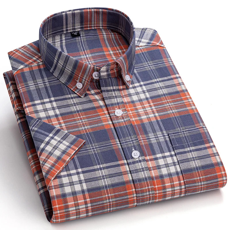 100%Pure Cotton Oxford Mens Shirts Short Sleeve Plaid Soft Regular Fit Formal Dress Shirt Social Blouse Male Clothes 6XL 7XL 250825