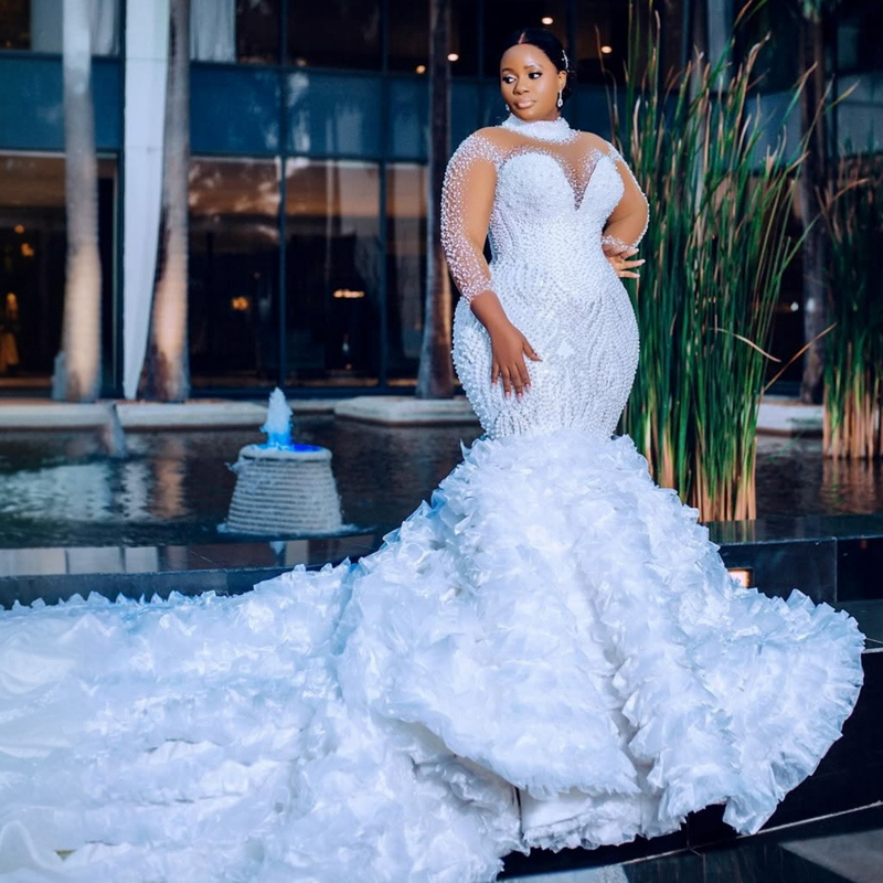 Plus Size White Aso Ebi African Wedding Dress Bridal Gown For Bride Mermaid Wedding Gowns High Neck Long Sleeves Pearls Beaded Lace Rhinestones Brid