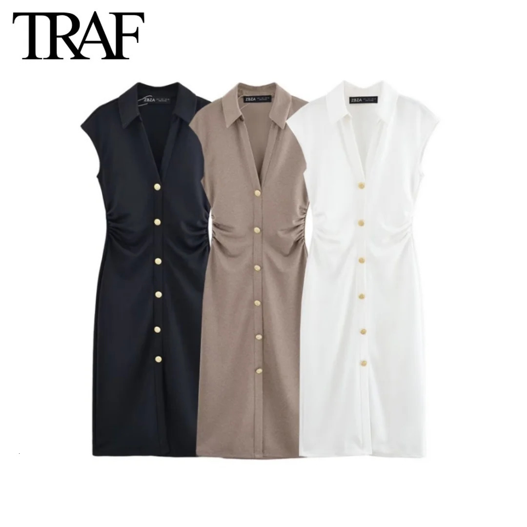 TRAF Dress for Women Fashion Summer Fold Sleeveless Vneck Single Breasted Midi Dresses French Chic Female Evening Clothing 250825